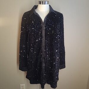 Womens Sequin Glitter Shiny Button Down Shirt Dress L Clubwear Party Tops